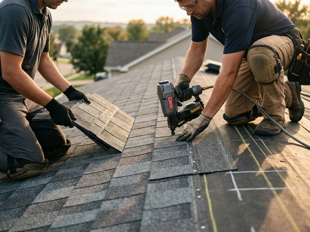 Professional roofer working on a residential roof in Dent